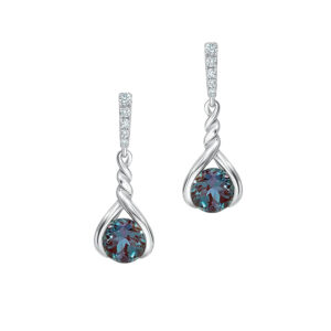 New 14k white gold earrings set with 2.10 carats of round brilliant lab-grown alexandrites plus 0.09 carats of round brilliant lab-grown diamonds.