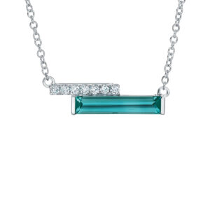 New 14k white gold Chatham necklace set with a 1.16 carat baguette lab-grown paraiba colored spinel plus 0.12 carats of round brilliant lab-grown diamonds on an 18" cable chain.
